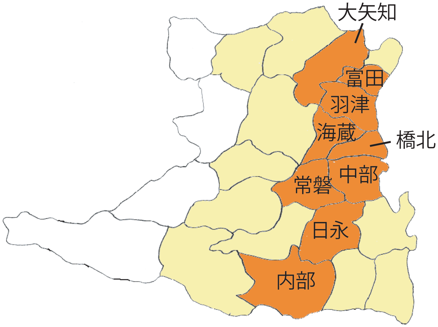 四日市市の地図。援助会員が特に足りない地域（大矢知・富田・羽津・海蔵・橋北・常磐・中部・日永・内部）が濃い色で示されている